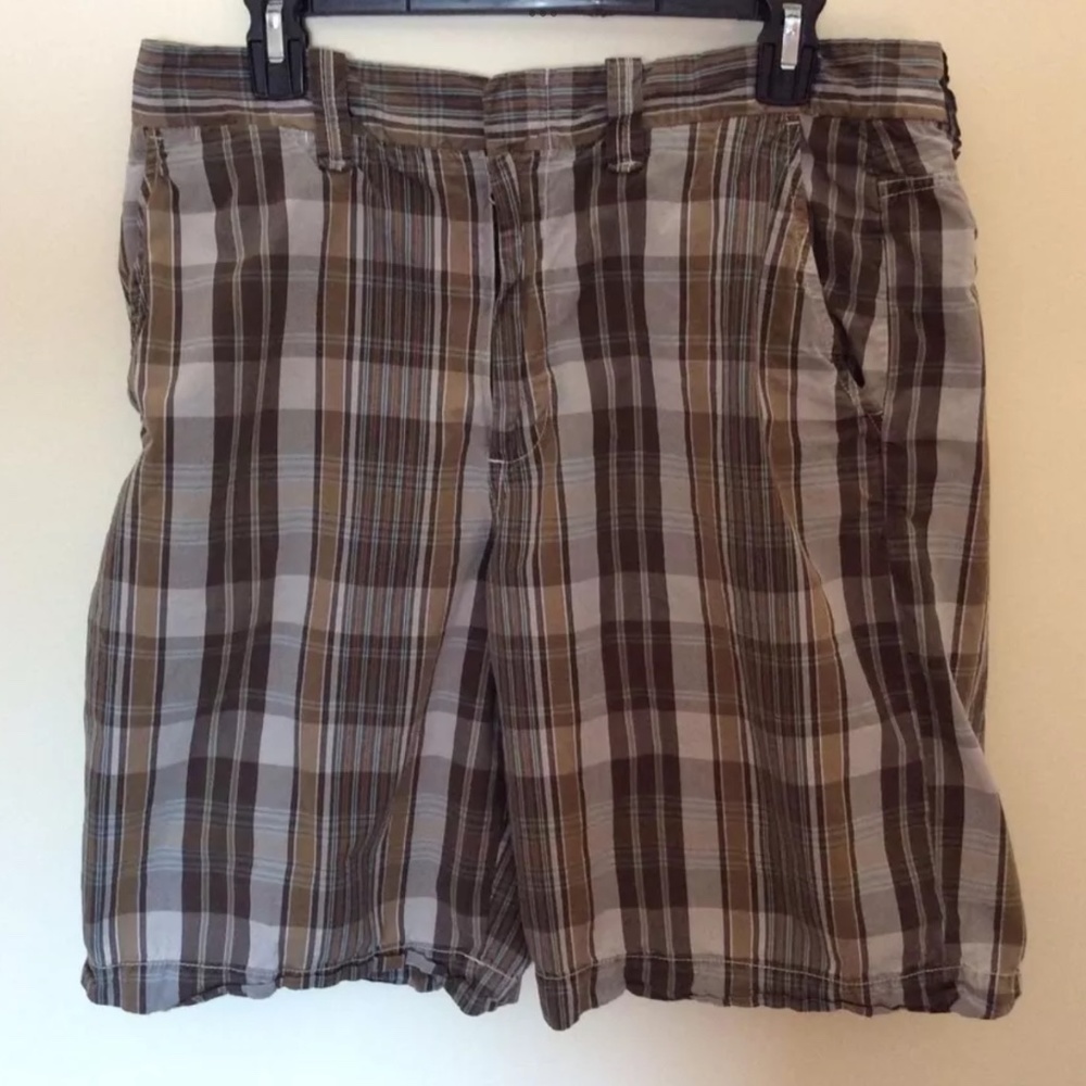 OLD NAVY MENS PLAID SHORTS BROWN BLUE KHAKI SZ 35